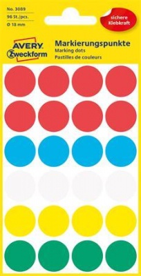 Etikett, 18 mm, kör, AVERY ZWECKFORM, 5 különböző szín, 96 etikett/csomag